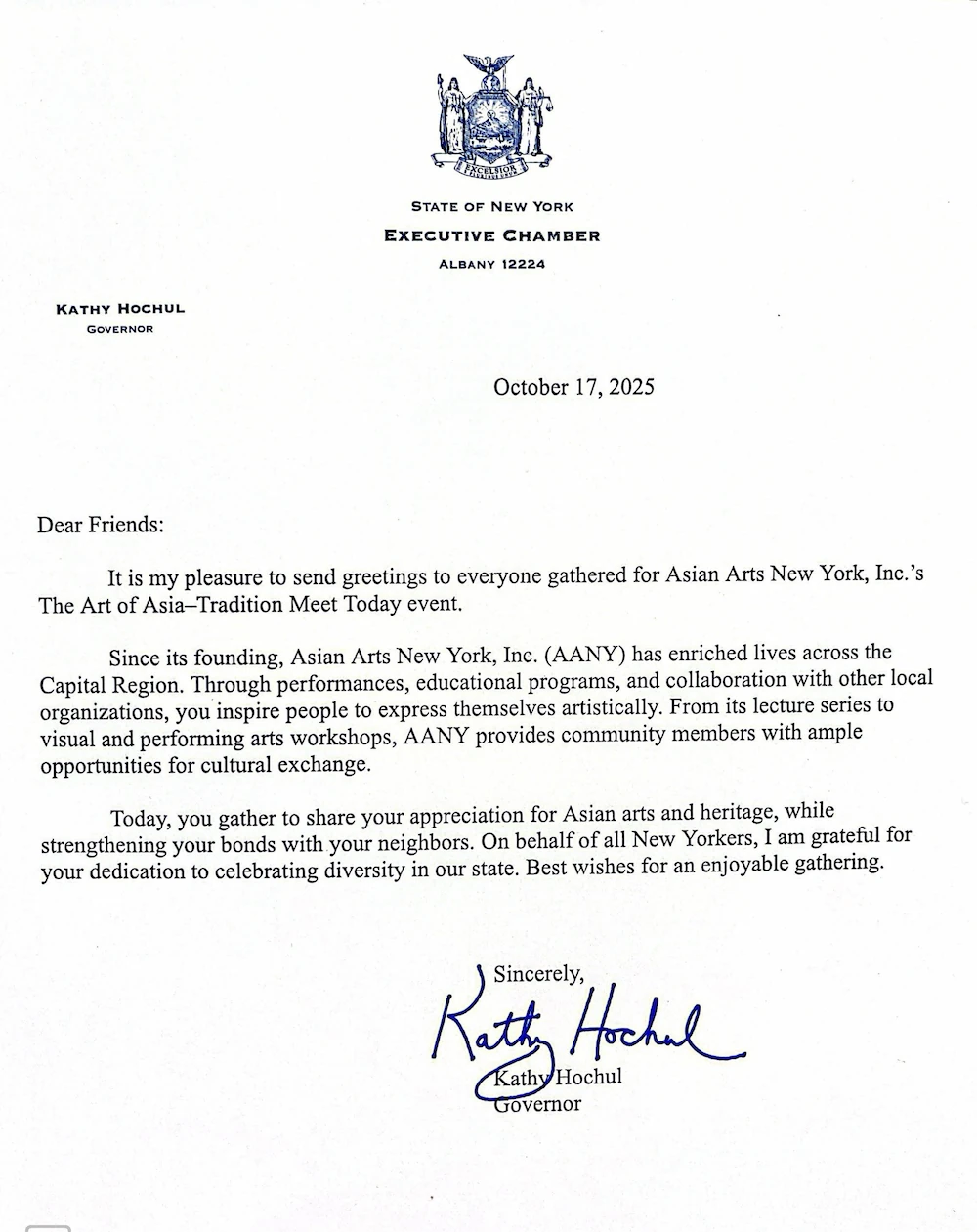 Governor Kathy Hochul letter